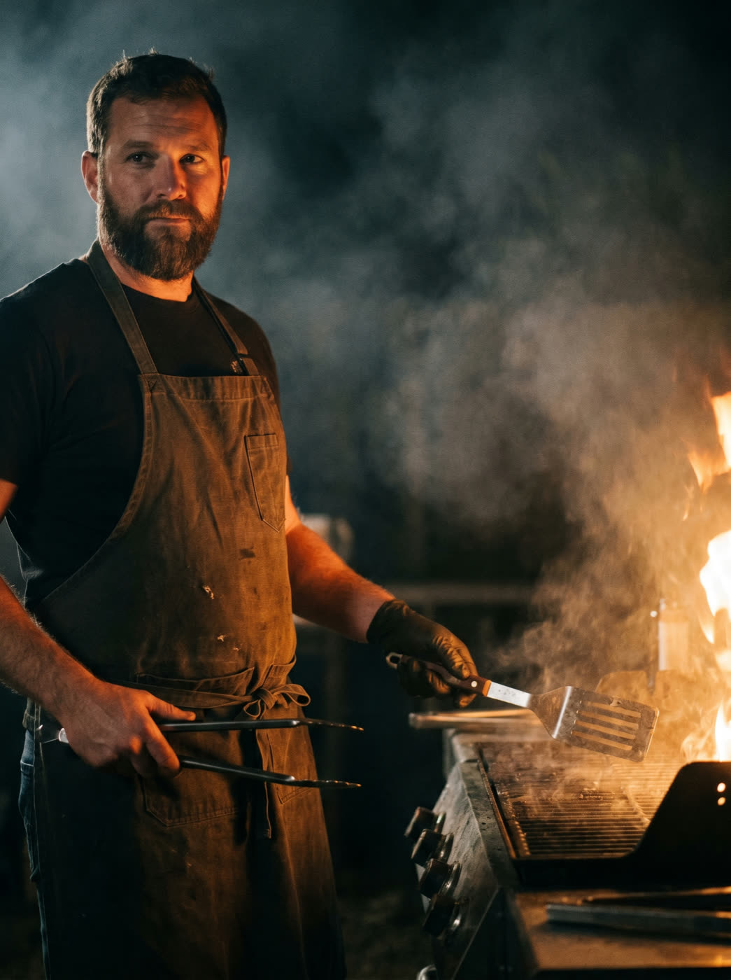Asador Mateo Rivas lit by the glow of the open fire