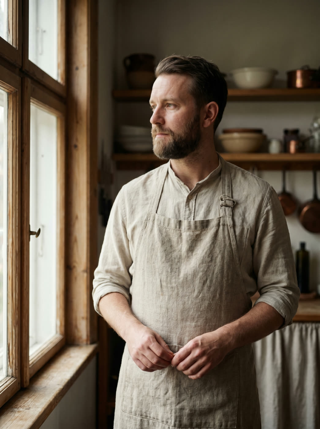 Chef Henrik Sundqvist in a linen apron by a cold north window
